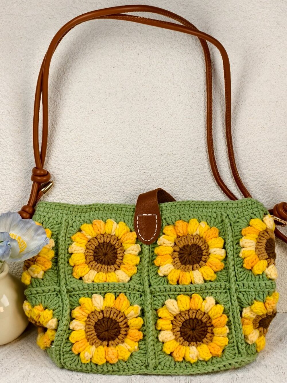 Handmade Crochet Bag Green Sunflower Shoulder Handbag